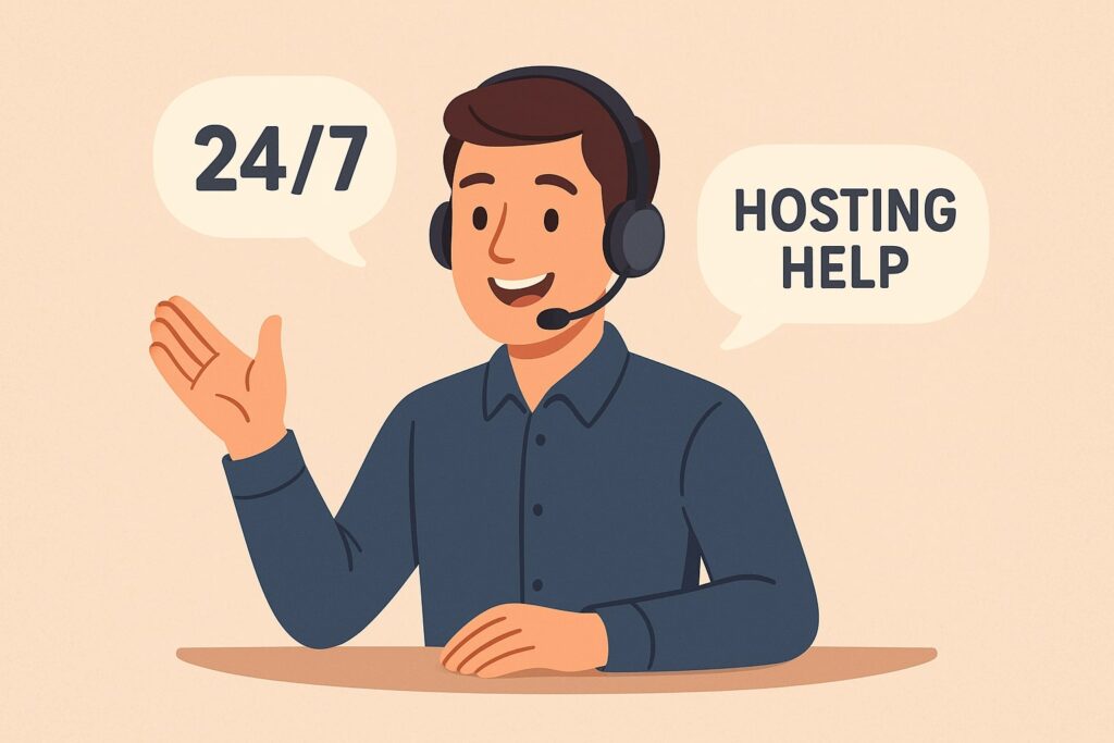 5.	Image Prompt: An illustration of a friendly customer support agent with “24/7 Hosting Help” in speech bubbles.